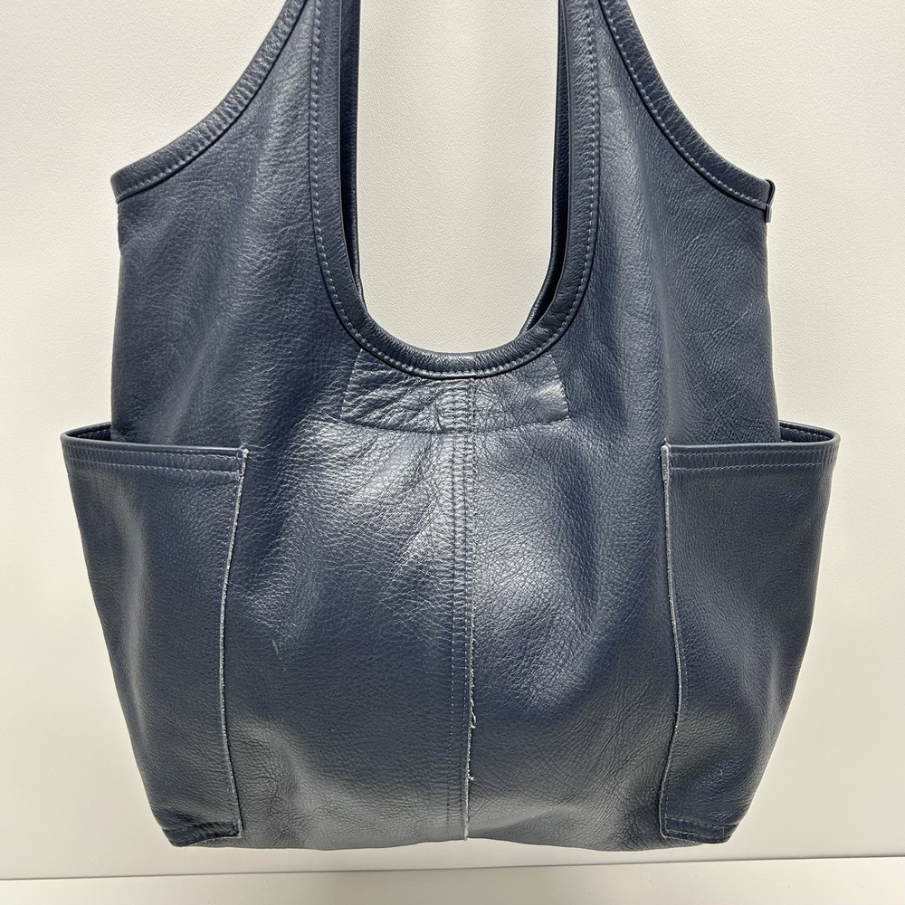 Rough and Tumble Leather Hobo Slouch Tote Bag Blue Pockets Made in Maine - Picture 4 of 16